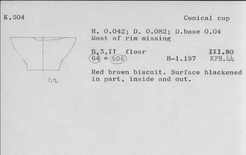 Index card with typed and handwritten information, sometimes including a sketch, of pottery from an excavation.