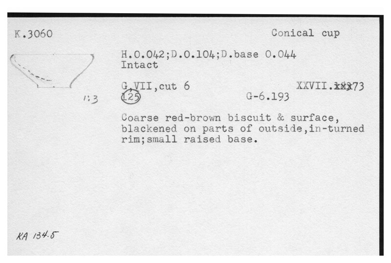Index card with typed and handwritten information, sometimes including a sketch, of pottery from an excavation.