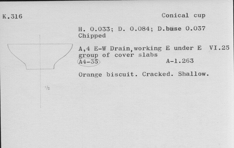 Index card with typed and handwritten information, sometimes including a sketch, of pottery from an excavation.