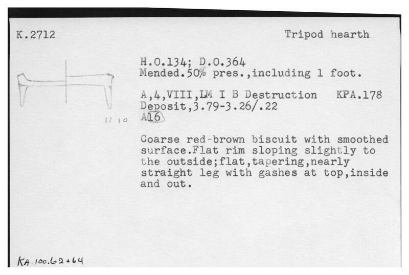 Index card with typed and handwritten information, sometimes including a sketch, of pottery from an excavation.