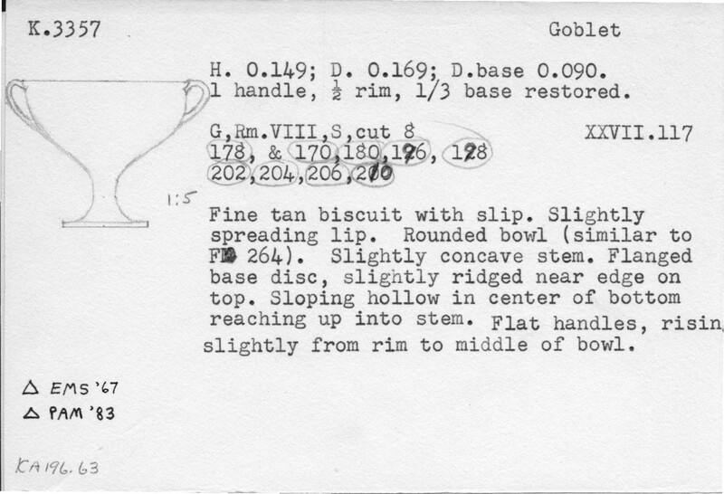 Index card with typed and handwritten information, sometimes including a sketch, of pottery from an excavation.