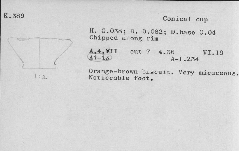 Index card with typed and handwritten information, sometimes including a sketch, of pottery from an excavation.