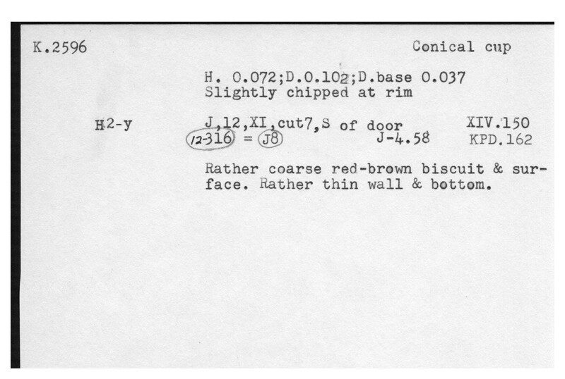 Index card with typed and handwritten information, sometimes including a sketch, of pottery from an excavation.