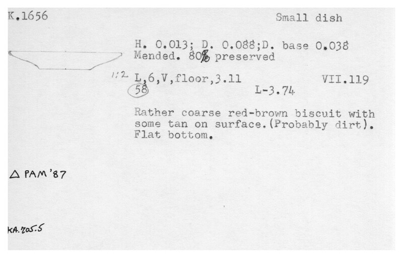 Index card with typed and handwritten information, sometimes including a sketch, of pottery from an excavation.