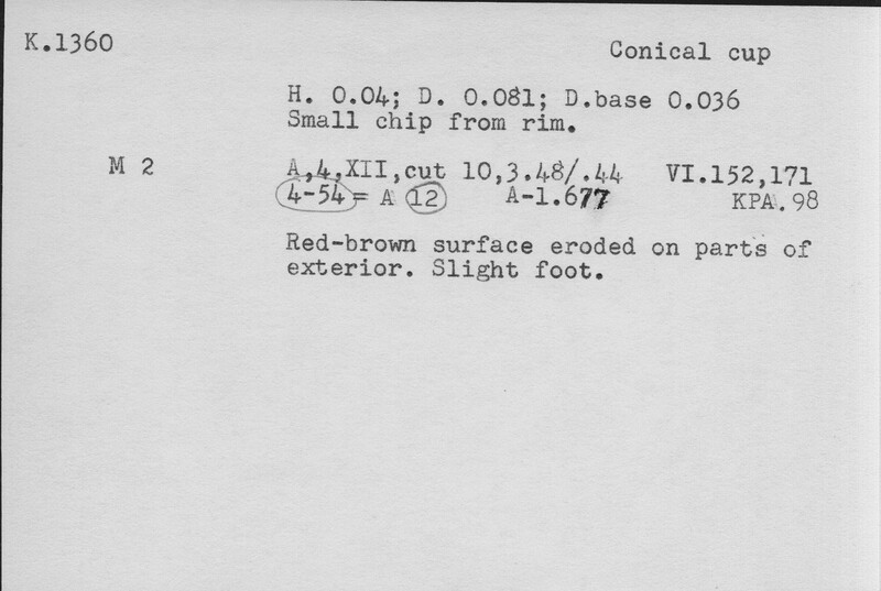 Index card with typed and handwritten information, sometimes including a sketch, of pottery from an excavation.