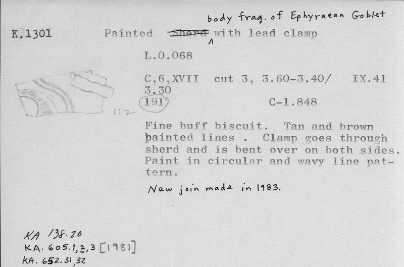 Index card with typed and handwritten information, sometimes including a sketch, of pottery from an excavation.