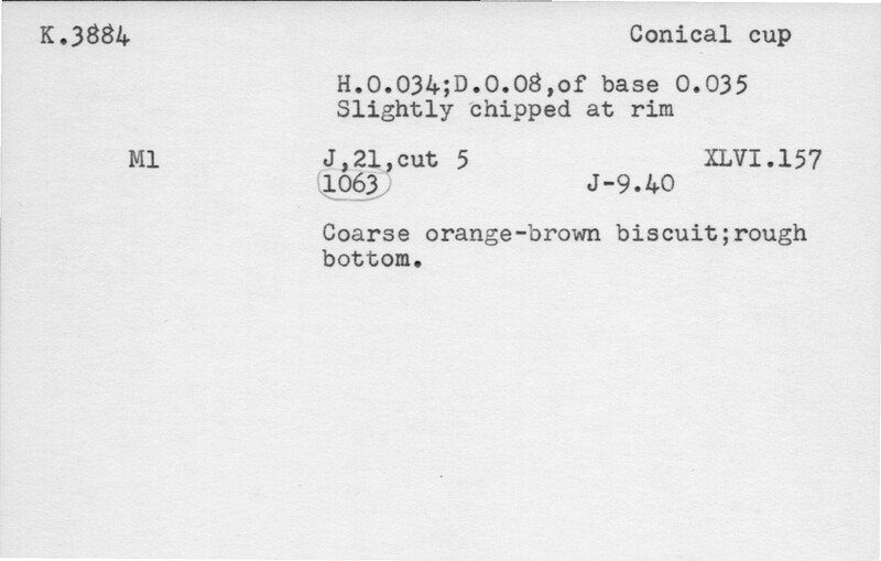 Index card with typed and handwritten information, sometimes including a sketch, of pottery from an excavation.