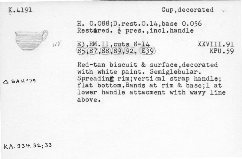 Index card with typed and handwritten information, sometimes including a sketch, of pottery from an excavation.