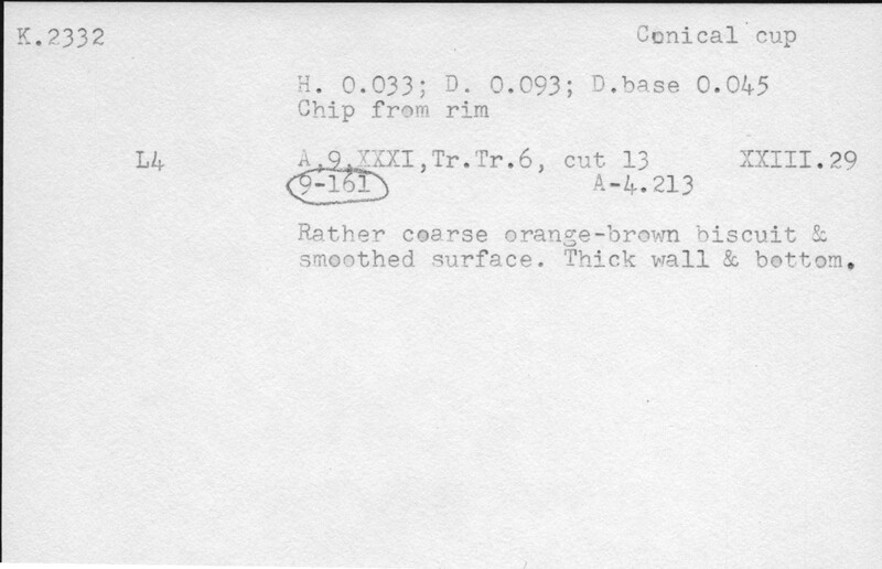 Index card with typed and handwritten information, sometimes including a sketch, of pottery from an excavation.