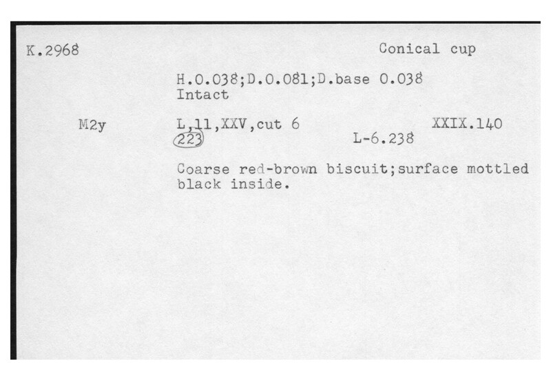 Index card with typed and handwritten information, sometimes including a sketch, of pottery from an excavation.
