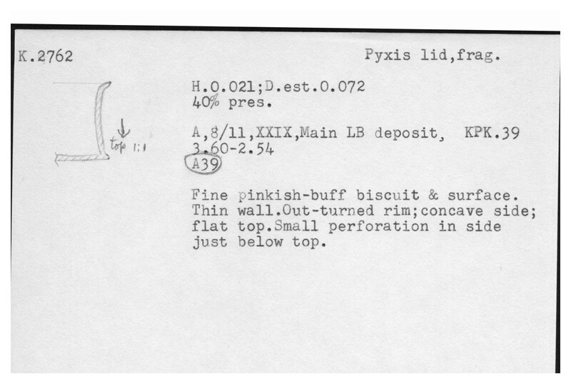 Index card with typed and handwritten information, sometimes including a sketch, of pottery from an excavation.