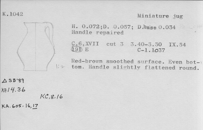 Index card with typed and handwritten information, sometimes including a sketch, of pottery from an excavation.