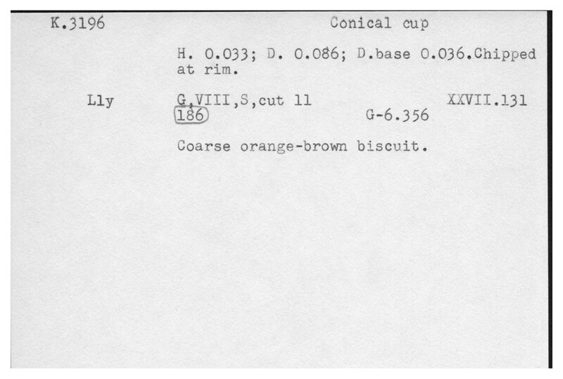 Index card with typed and handwritten information, sometimes including a sketch, of pottery from an excavation.