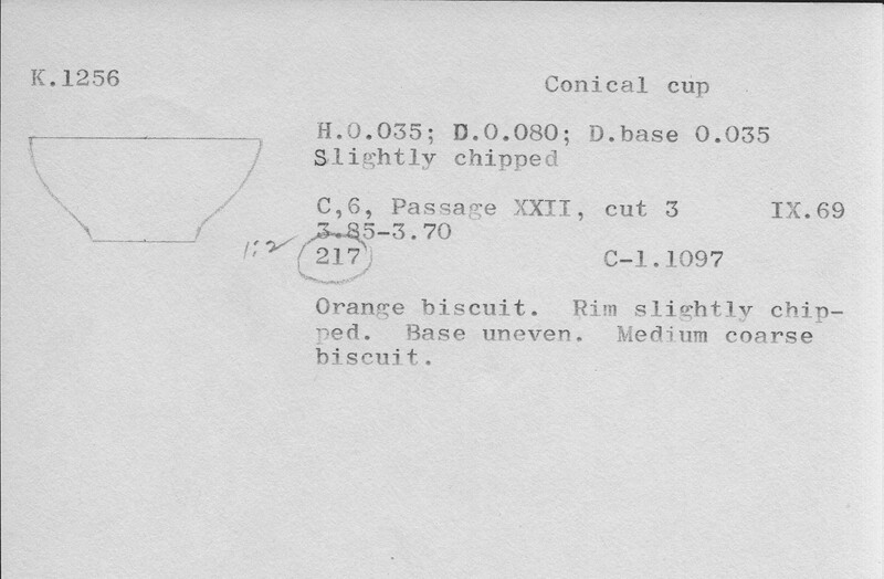 Index card with typed and handwritten information, sometimes including a sketch, of pottery from an excavation.