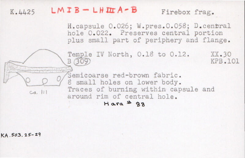 Index card with typed and handwritten information, sometimes including a sketch, of pottery from an excavation.