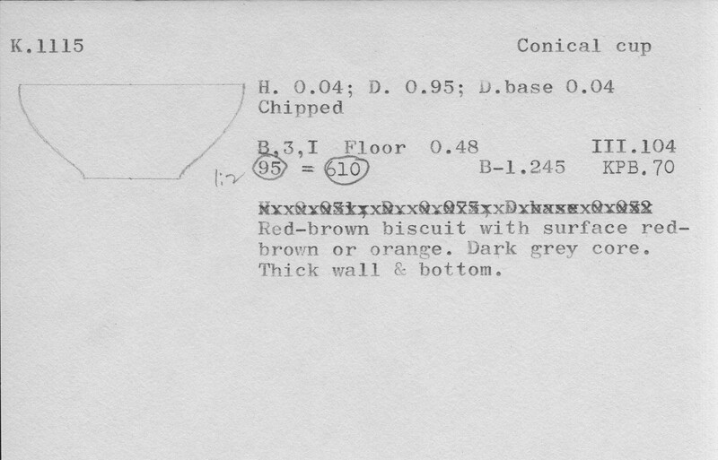 Index card with typed and handwritten information, sometimes including a sketch, of pottery from an excavation.