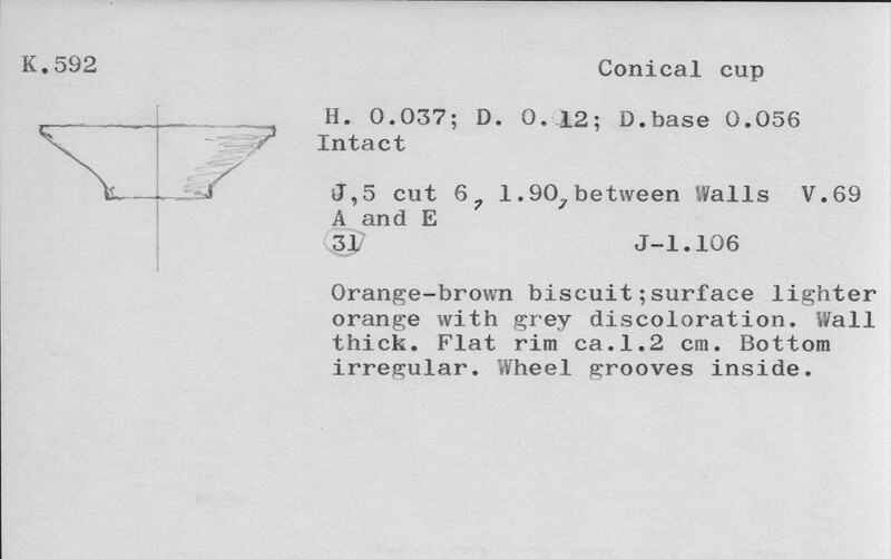 Index card with typed and handwritten information, sometimes including a sketch, of pottery from an excavation.