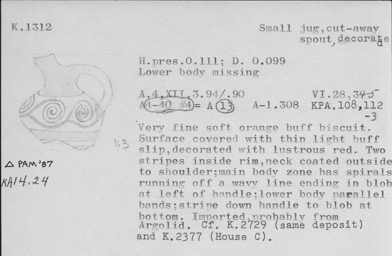 Index card with typed and handwritten information, sometimes including a sketch, of pottery from an excavation.