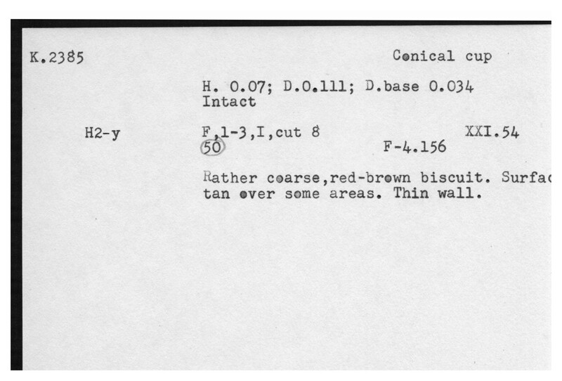 Index card with typed and handwritten information, sometimes including a sketch, of pottery from an excavation.