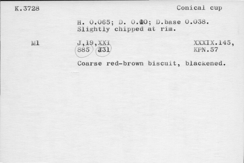 Index card with typed and handwritten information, sometimes including a sketch, of pottery from an excavation.