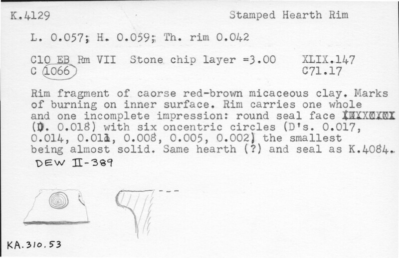 Index card with typed and handwritten information, sometimes including a sketch, of pottery from an excavation.