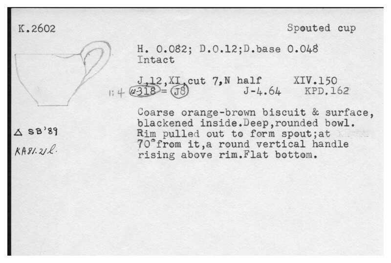 Index card with typed and handwritten information, sometimes including a sketch, of pottery from an excavation.