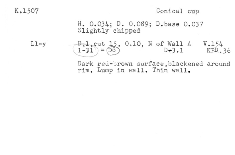 Index card with typed and handwritten information, sometimes including a sketch, of pottery from an excavation.