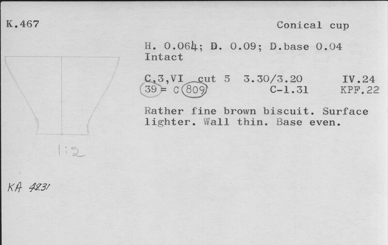 Index card with typed and handwritten information, sometimes including a sketch, of pottery from an excavation.
