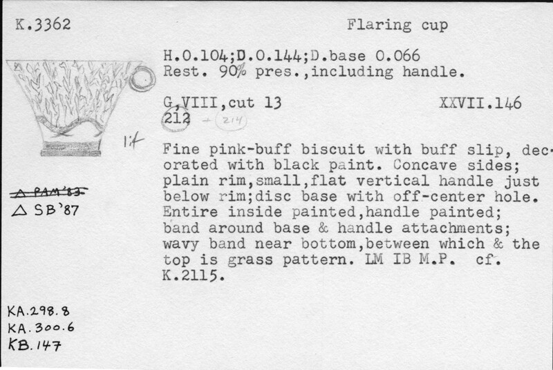 Index card with typed and handwritten information, sometimes including a sketch, of pottery from an excavation.