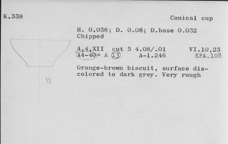 Index card with typed and handwritten information, sometimes including a sketch, of pottery from an excavation.