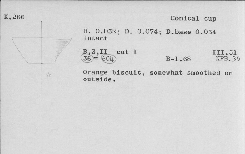 Index card with typed and handwritten information, sometimes including a sketch, of pottery from an excavation.