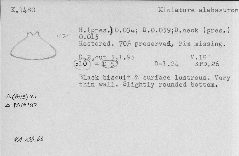 Index card with typed and handwritten information, sometimes including a sketch, of pottery from an excavation.