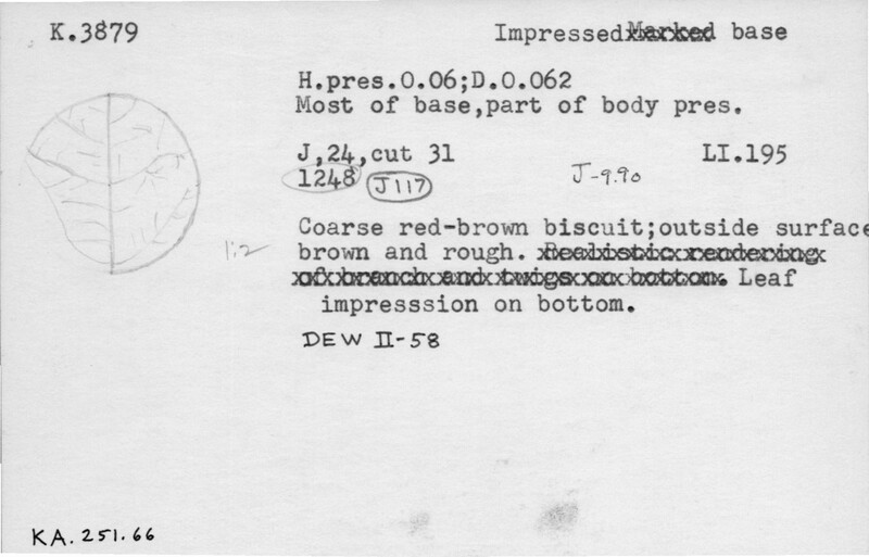 Index card with typed and handwritten information, sometimes including a sketch, of pottery from an excavation.