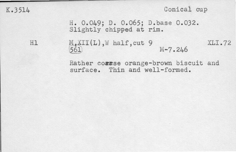 Index card with typed and handwritten information, sometimes including a sketch, of pottery from an excavation.