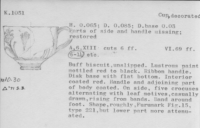 Index card with typed and handwritten information, sometimes including a sketch, of pottery from an excavation.