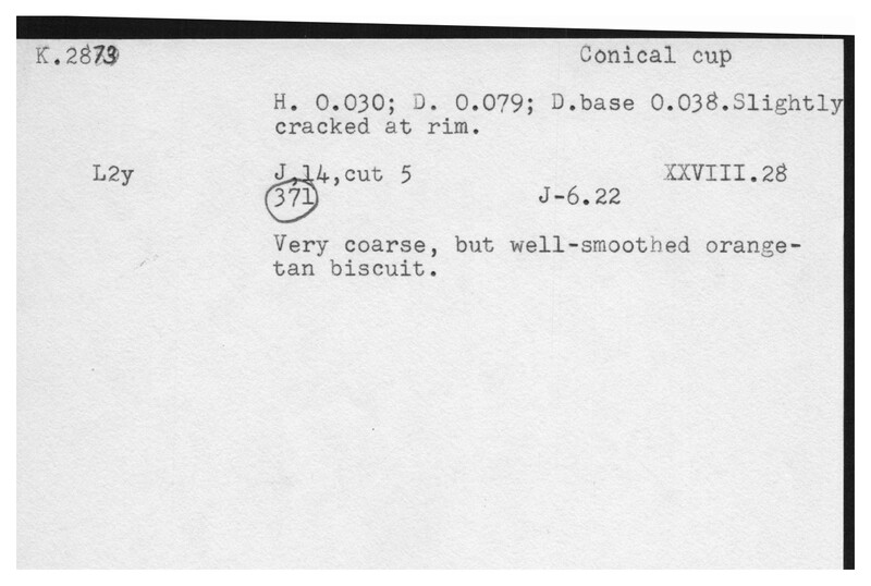 Index card with typed and handwritten information, sometimes including a sketch, of pottery from an excavation.