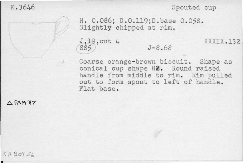 Index card with typed and handwritten information, sometimes including a sketch, of pottery from an excavation.