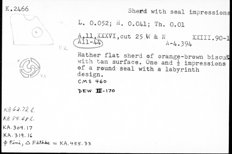 Index card with typed and handwritten information, sometimes including a sketch, of pottery from an excavation.