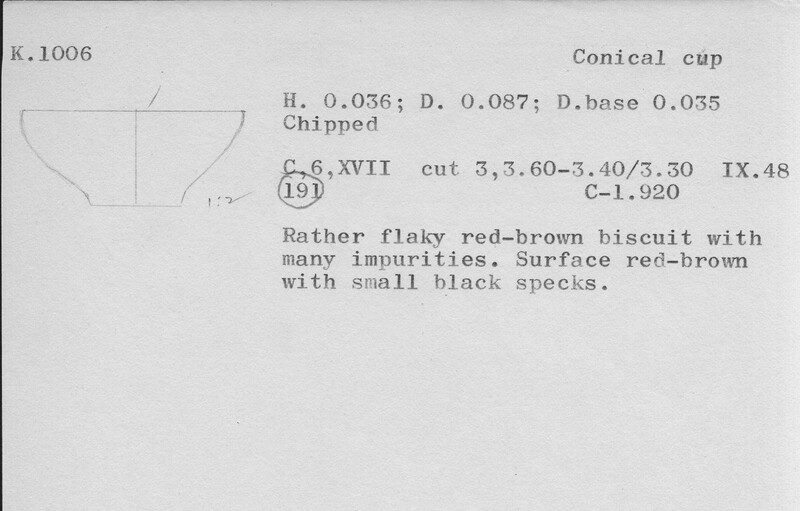 Index card with typed and handwritten information, sometimes including a sketch, of pottery from an excavation.