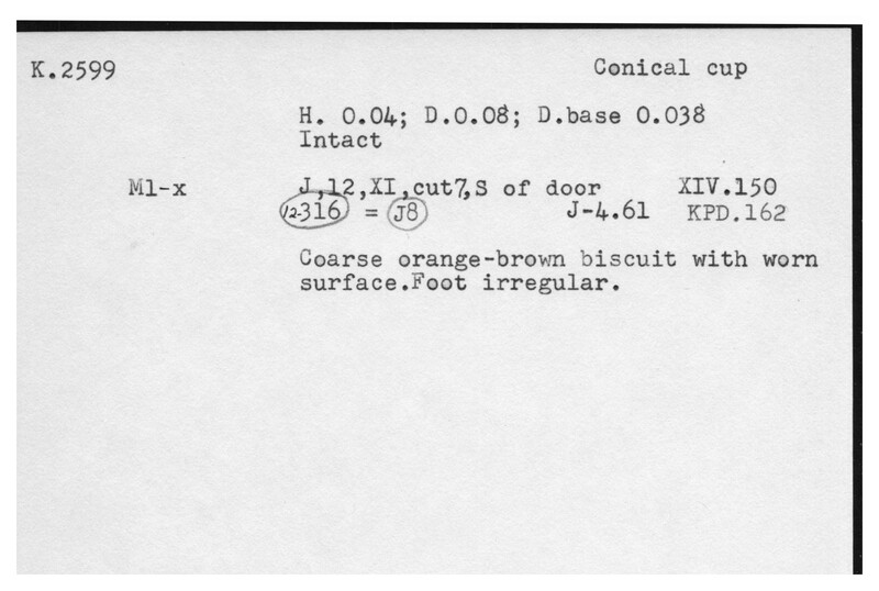 Index card with typed and handwritten information, sometimes including a sketch, of pottery from an excavation.