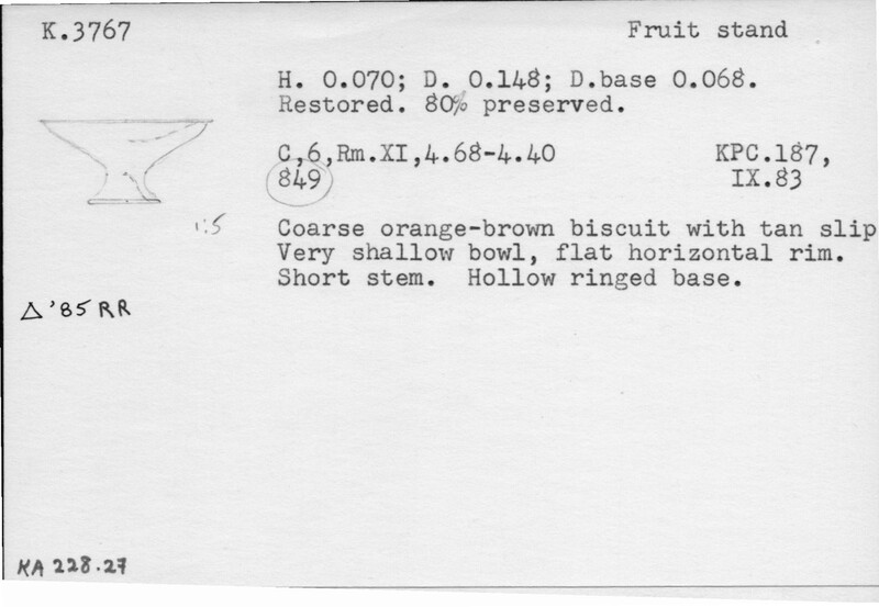Index card with typed and handwritten information, sometimes including a sketch, of pottery from an excavation.