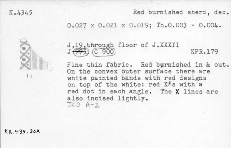 Index card with typed and handwritten information, sometimes including a sketch, of pottery from an excavation.
