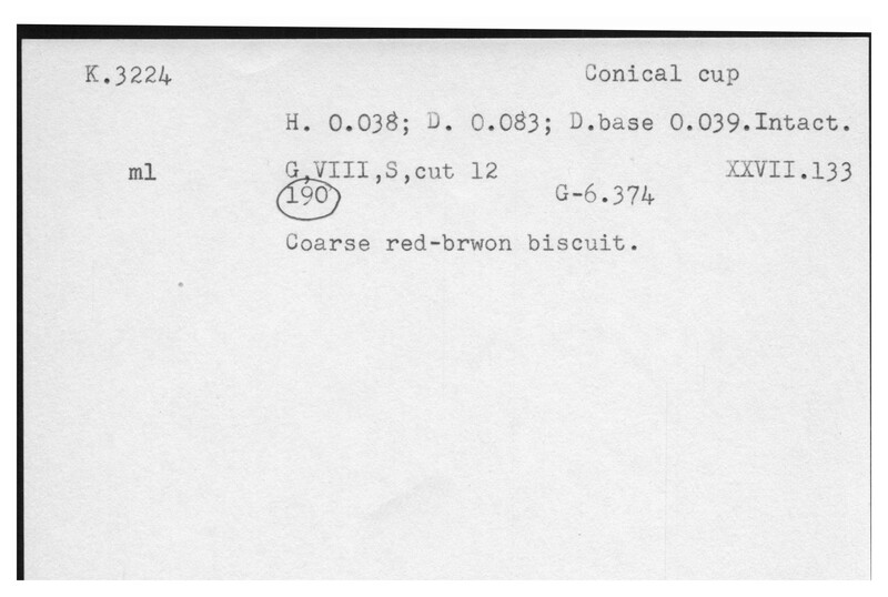 Index card with typed and handwritten information, sometimes including a sketch, of pottery from an excavation.