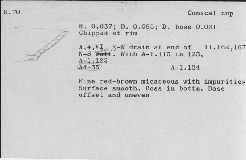 Index card with typed and handwritten information, sometimes including a sketch, of pottery from an excavation.