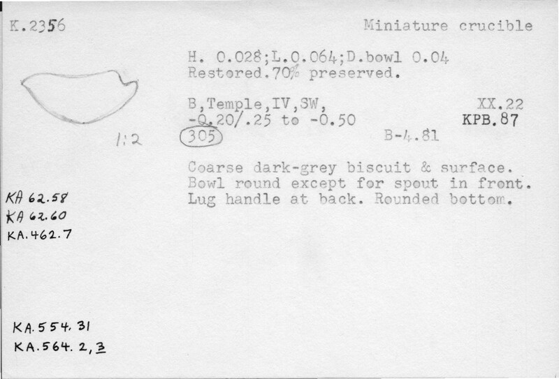 Index card with typed and handwritten information, sometimes including a sketch, of pottery from an excavation.