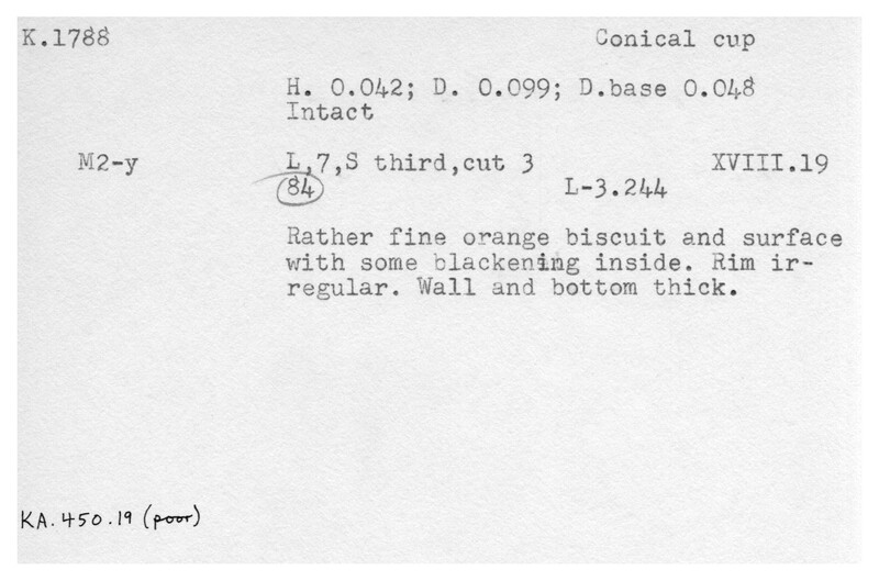 Index card with typed and handwritten information, sometimes including a sketch, of pottery from an excavation.