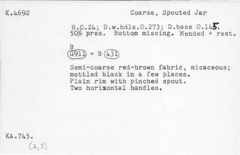 Index card with typed and handwritten information, sometimes including a sketch, of pottery from an excavation.