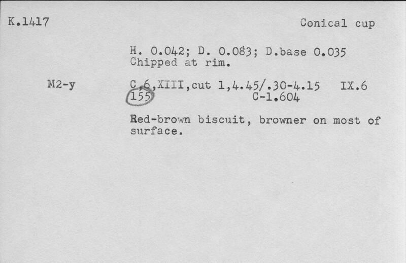 Index card with typed and handwritten information, sometimes including a sketch, of pottery from an excavation.
