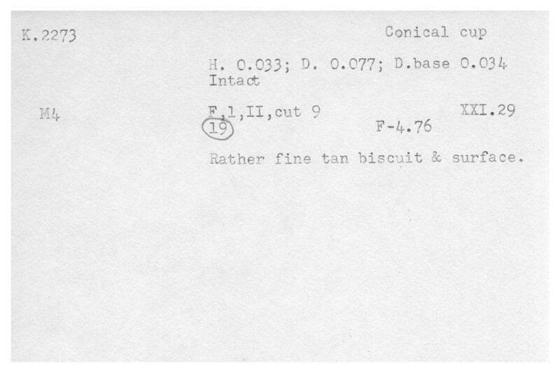 Index card with typed and handwritten information, sometimes including a sketch, of pottery from an excavation.