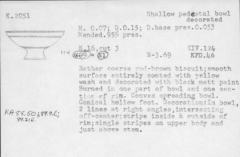 Index card with typed and handwritten information, sometimes including a sketch, of pottery from an excavation.